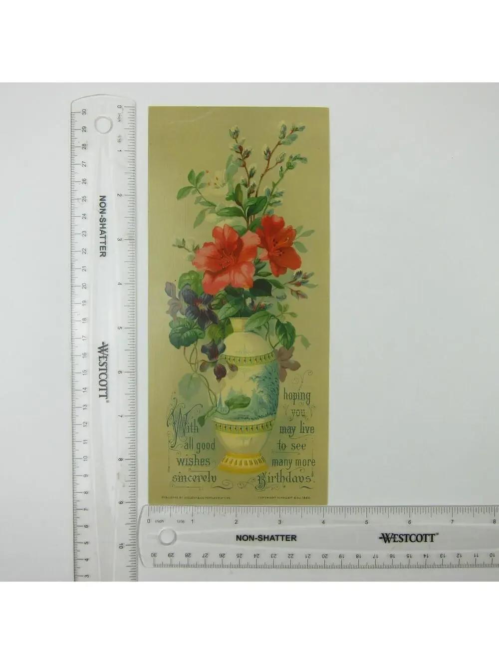 Victorian Birthday Greeting Card Flower Bouquet in Vase Red Purple Antique 1880